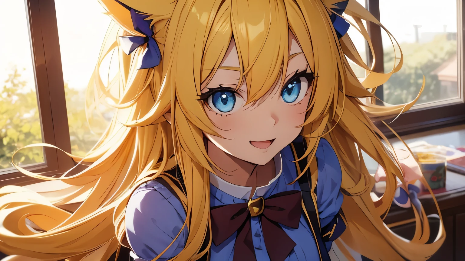 Anime cat girl with long yellow hair and blue eyes is cheerful and cute.