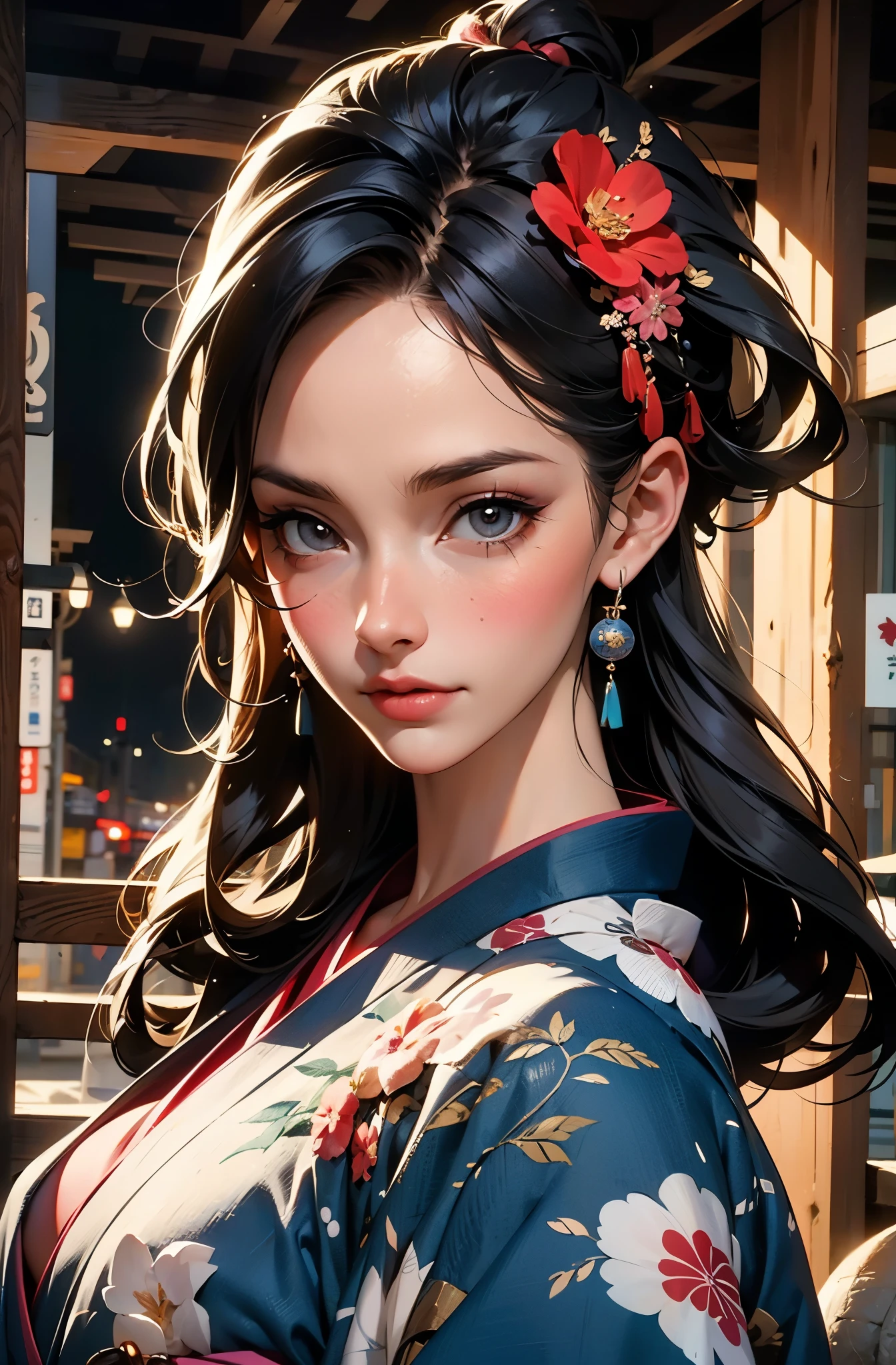 ((highest quality)), ((masterpiece)), (be familiar with), perfect face,fine skin,Beauty,fantasy,Japan,Beauty in the background of the ancient city,kimono,Octane render