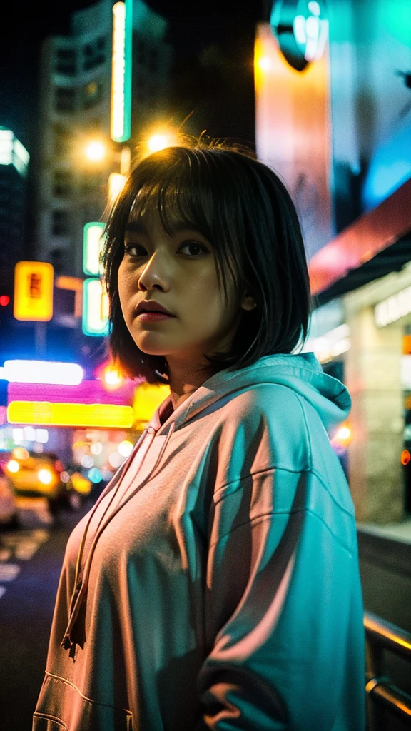 Masterpiece, (best quality:1.4), ultra high res, master photography, professional color grading, depth of fields, rule of third, 50mm, film grain, (photorealistic:1.4), cinematic lighting, chromatic abberation, 1girl, short hair, wearing grey hoodie, streetwear, hypebeast, detailed face, detailed eyes, flat chest, looking at viewer, front view, cowboy shot, Hong Kong street background, night, city light, blurry background, sfw