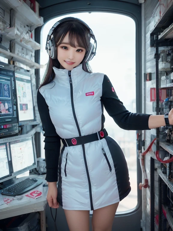masterpiece, highest quality, Very detailed, 8K Portrait,Japanese Android Girl,plump , Control panel,Robotic arms and legs, Blunt bangs,,break (Metallic Gray, Metallic luster, Mirror finish, Astro Best):5,headphone:5,break (Black sleeves):100,Smart Watches,Futuristic space station,Control Room,break headphone,blue eyes,(Black Hair):2,(Long Hair):1.3,View the viewer,(respirator),break blush:3,Hidden Hand,smile