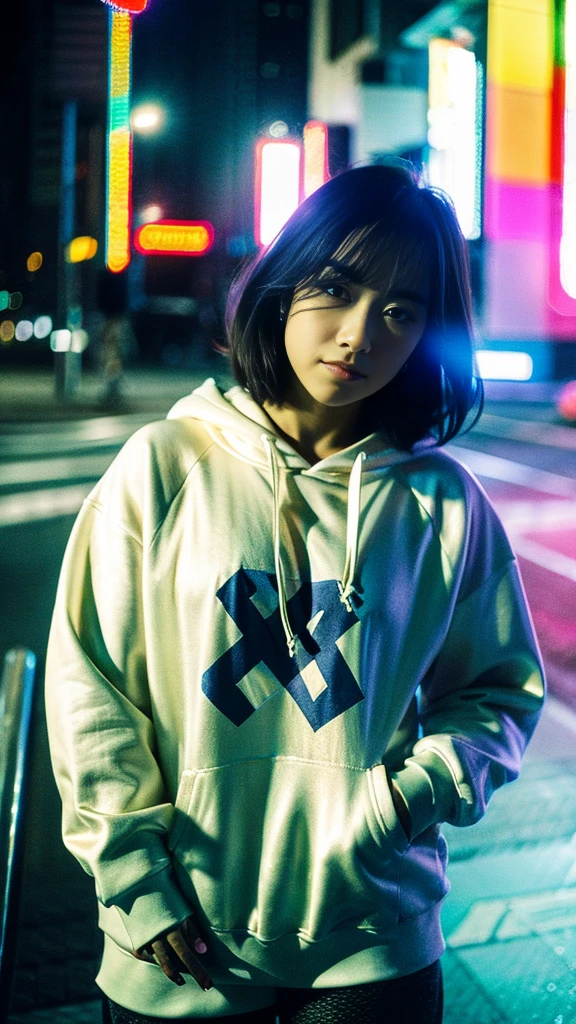 Masterpiece, (best quality:1.4), ultra high res, master photography, professional color grading, depth of fields, rule of third, 50mm, film grain, (photorealistic:1.4), cinematic lighting, chromatic abberation, 1girl, short hair, wearing grey hoodie, streetwear, hypebeast, detailed face, detailed eyes, flat chest, looking at viewer, front view, cowboy shot, Hong Kong street background, night, city light, blurry background, sfw