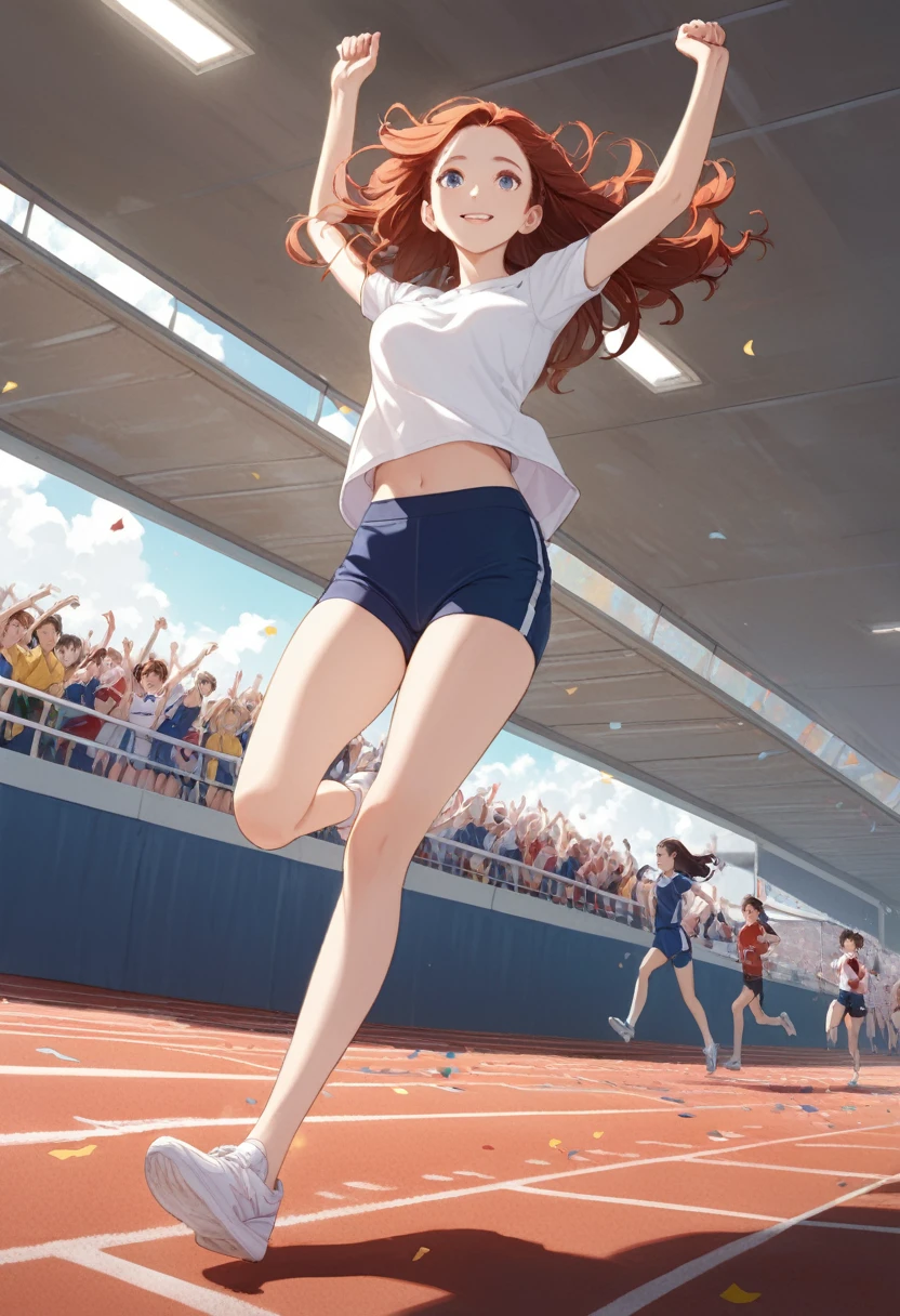 detailed illustration (side view),dynamic angle,ultra-detailed, illustration, pose for the camera, smiling at viewer, clean line art, shading, anime, detailed eyes, detailed face, beautiful face, dramatic lighting,detailed illustration, dynamic angle, ultra-detailed, illustration, 18 year old, young face, pretty face,
Beautiful woman, thin woman, the skinny friend, short red hair, white shirt, white t shirt, tight shirt, blue gym shorts, short shorts, tight pants, smiling, running, in a indoor track, tall, long legs, college age woman, beautiful, small, thin, willow arms, lithe legs, booty gym shorts, tight fitting clothes, narrow hips, tiny butt, A cup breasts, runners body, frail looking, very thin, wire-y body,
winning a race, crowd cheering, high school track meet, running over finish line, run through finish line rope, confetti, happy onlookers, day time, high school track field, finish line banner, arms up in victory