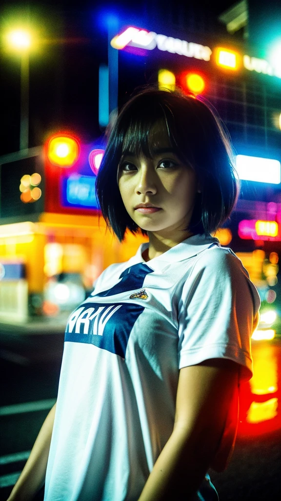 Masterpiece, (best quality:1.4), ultra high res, master photography, professional color grading, depth of fields, rule of third, 50mm, film grain, (photorealistic:1.4), cinematic lighting, chromatic abberation, 1girl, short hair, wearing rugby shirt, streetwear, hypebeast, detailed face, detailed eyes, flat chest, looking at viewer, front view, cowboy shot, Hong Kong street background, night, city light, blurry background, sfw