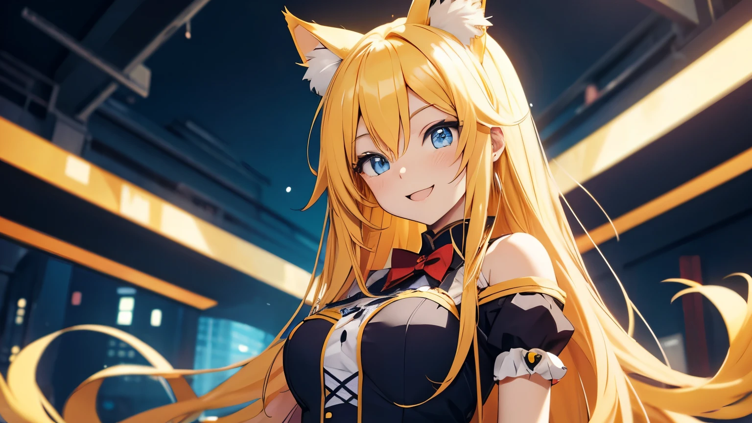 Anime cat girl with long yellow hair and blue eyes is cheerful and cute.