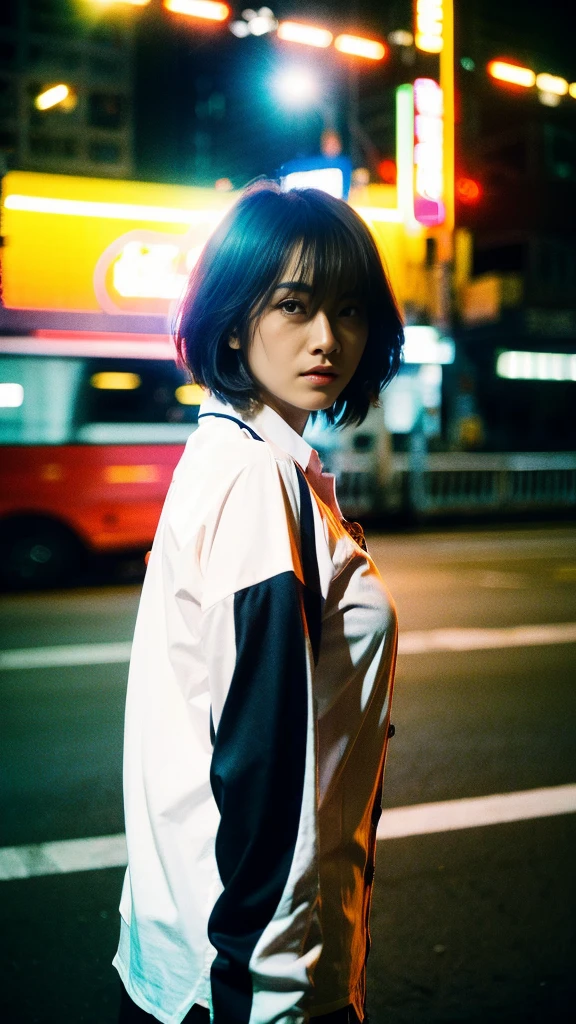 Masterpiece, (best quality:1.4), ultra high res, master photography, professional color grading, depth of fields, rule of third, 50mm, film grain, (photorealistic:1.4), cinematic lighting, chromatic abberation, 1girl, short hair, wearing stripped rugby long shirt, streetwear, hypebeast, detailed face, detailed eyes, flat chest, looking at viewer, front view, cowboy shot, Hong Kong street background, night, city light, blurry background, sfw