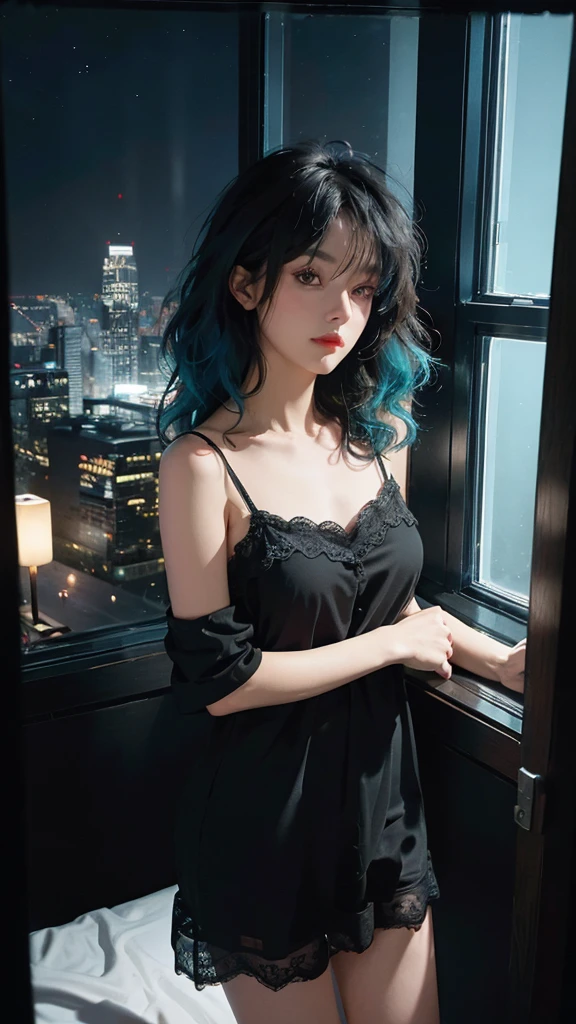 ((High quality, 8k, perfect quality, realistic)), beautiful, perfect face, gazing out the window, nighttime, ((dark room)), Before sleeping, restless, short nightgown, staring at the window, city night view, hair color black and cyan, night city
