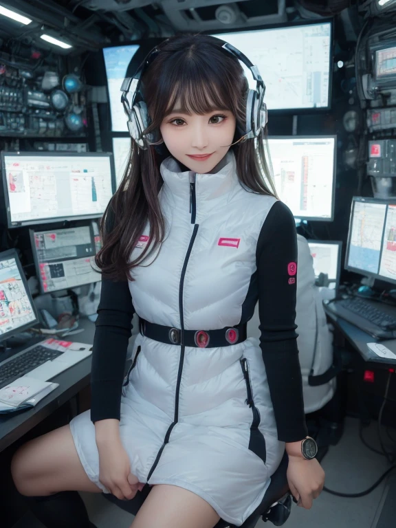 masterpiece, highest quality, Very detailed, 8K Portrait,Japanese Android Girl,plump , Control panel,Robotic arms and legs, Blunt bangs,,break (Metallic Gray, Metallic luster, Mirror finish, Astro Best):5,headphone:5,break (Black sleeves):100,Smart Watches,Futuristic space station,Control Room,break headphone,blue eyes,(Black Hair):2,(Long Hair):1.3,View the viewer,(respirator),break blush:3,Hidden Hand,smile