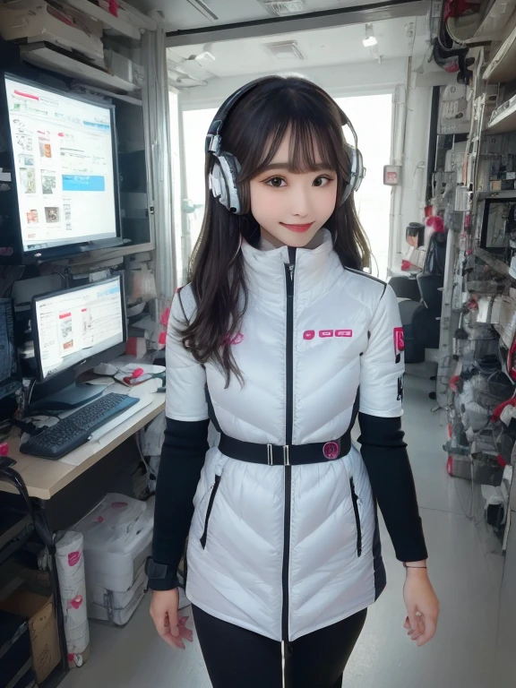 masterpiece, highest quality, Very detailed, 8K Portrait,Japanese Android Girl,plump , Control panel,Robotic arms and legs, Blunt bangs,,break (Metallic Gray, Metallic luster, Mirror finish, Astro Best):5,headphone:5,break (Black sleeves):100,Smart Watches,Futuristic space station,Control Room,break headphone,blue eyes,(Black Hair):2,(Long Hair):1.3,View the viewer,(respirator),break blush:3,Hidden Hand,smile