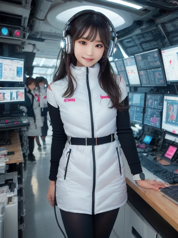 masterpiece, highest quality, Very detailed, 8K Portrait,Japanese Android Girl,plump , Control panel,Robotic arms and legs, Blunt bangs,,break (Metallic Gray, Metallic luster, Mirror finish, Astro Best):5,headphone:5,break (Black sleeves):100,Smart Watches,Futuristic space station,Control Room,break headphone,blue eyes,(Black Hair):2,(Long Hair):1.3,View the viewer,(respirator),break blush:3,Hidden Hand,smile