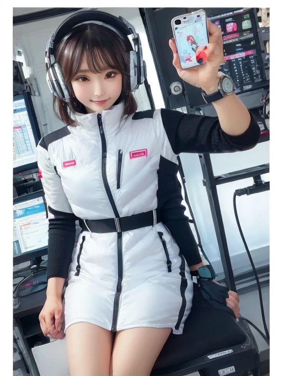 masterpiece, highest quality, Very detailed, 8K Portrait,Japanese Android Girl,plump , Control panel,Robotic arms and legs, Blunt bangs,,break (Metallic Gray, Metallic luster, Mirror finish, Astro Best):5,headphone:5,break (Black sleeves):100,Smart Watches,Futuristic space station,Control Room,break headphone,blue eyes,(Black Hair):2,(Long Hair):1.3,View the viewer,(respirator),break blush:3,Hidden Hand,smile