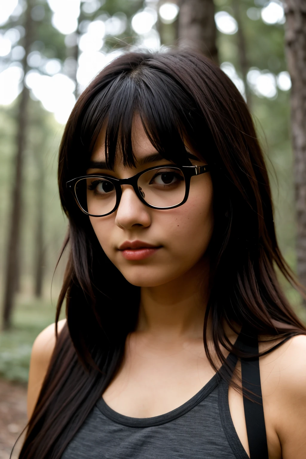 Chica estilo anime triste con cabello negro largo y lentes con ojos color chocolate en un bosque