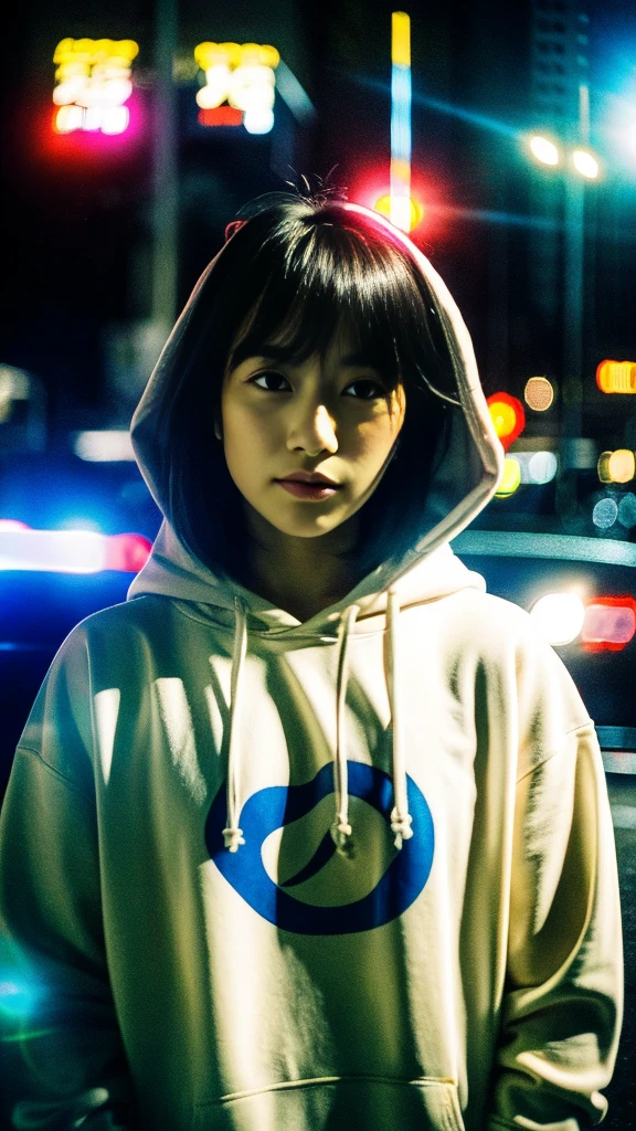 Masterpiece, (best quality:1.4), ultra high res, master photography, professional color grading, depth of fields, rule of third, 50mm, film grain, (photorealistic:1.4), cinematic lighting, chromatic abberation, 1girl, short hair, wearing grey hoodie, streetwear, hypebeast, detailed face, detailed eyes, flat chest, looking at viewer, front view, cowboy shot, Hong Kong street background, night, city light, blurry background, sfw
