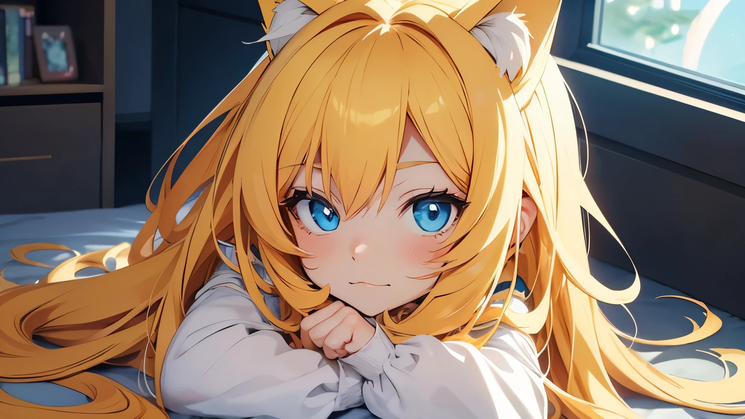 Anime cat girl with long yellow hair and blue eyes is purring cutely.