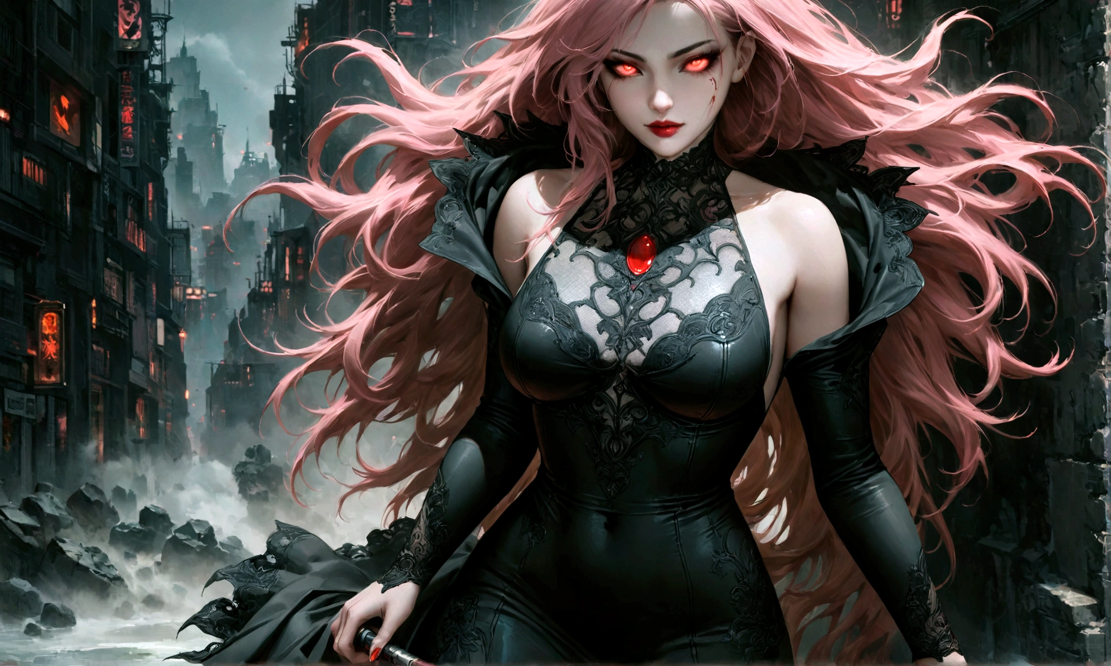Arafed, dark fantasy art, glamour shot, award winning shot, photorealistic, a portrait of a female vampire drinking a glass of blood,, pink hair, long hair, red lips, glowing eyes, there is an imprint of white rose, dynamic color, she wears, an elegant (black dress: 1.5), blood dripping from lips, cyberpunk bar background, 16k, ultra detailed, masterpiece, best quality, (extremely detailed), Dark Art Painting Style, Hyperrealism style