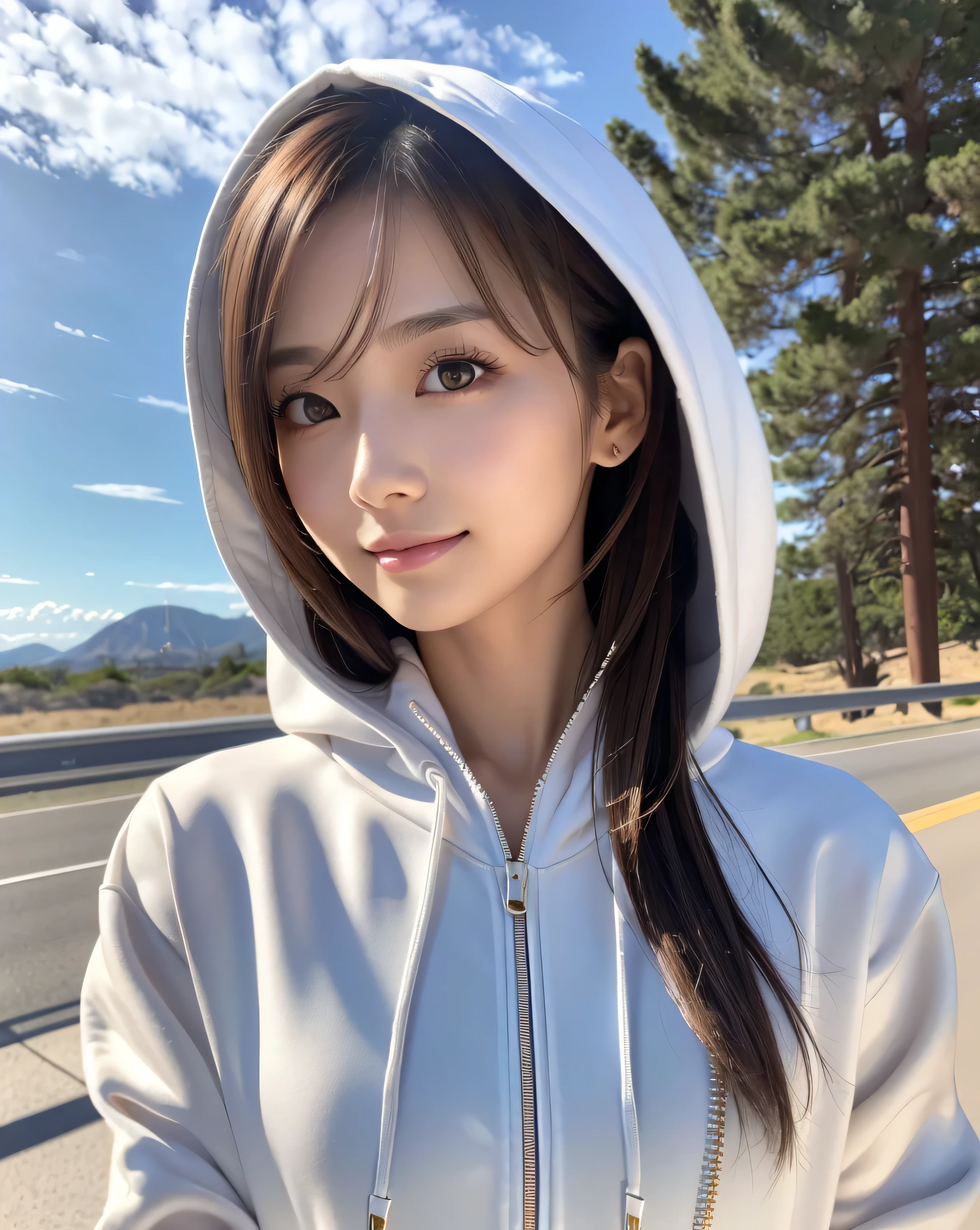 (highest quality, 32k, High resolution, Masterpiece:1.5, ), marimo_jet, god々A photograph with brilliant dazzling and healing power., Evoking a sense of calm and elusive beauty, Expressing emotions, Have a rich imagination,Beautiful Japanese Girls, An exceptionally beautiful face, Small Face Beauty, ((Full shot from the front:1.1)), Perfect Human Anatomy, Magical big eyes, Motherhood and generosity, Deep Love, A fleeting smile, ((Shiny brown hair:1.1)), Super Long Straight Silk Hair, Asymmetrical bangs, Hair between the eyes, Transparent, soft white skin, Sharp eyebrows, Thin lashes, Natural Makeup, Cheek highlighter, Pale pink detailed lips, ((White zip hoodie:1.2)), ((Zip open)), High resolution perfect collarbone, High resolution beautiful bust, Slim figure with ample breasts, High resolutionの美しい太もも, ((California Highway:1.3)), ((Detailed blue sky background:1.3)), Dazzling Sun, Professional Lighting, Professional photographer, Professional models, God's Secret