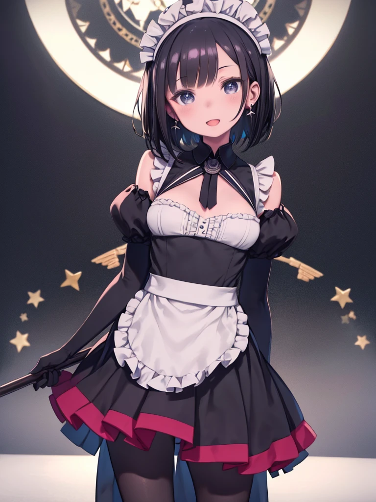 One girl, pantyhose, Maid, gloves, black_hair, Maid_headdress, 一人in, apron, Frills, elbow_gloves, dress, black_gloves, black_Legwear, short_hair, broom, lips, chest, Are standing, ふくらんinいる_sleeve, red面, Looking_in_Audience, Tilt_forward, black_eye, Open_mouth, Holding, smile, 前hair, Earrings, black_dress, Maid_apron, red_lips"Glow effect, Godley, 手in書いた, give, 8k, octane give, Cinema 4D, Blender, dark, inmospheric 4K ultra detailed, cineminic, Sharp focus, Large depth of field, masterpiece, color, 3d octane give, 4K, Concept Art, trending on artstinion, Surreal, Vivid color, Highly detailed CG Unity 8k wallpaper, CGSociety Trends, Intricine, High detail, draminic", Anime Coloring, Anime screenshots, sweining, Steaming body, fog
