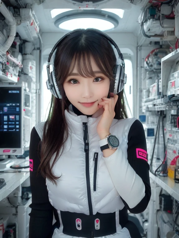 masterpiece, highest quality, Very detailed, 8K Portrait,Japanese Android Girl,plump , Control panel,Robotic arms and legs, Blunt bangs,,break (Metallic Gray, Metallic luster, Mirror finish, Astro Best):5,headphone:5,break (Black sleeves):100,Smart Watches,Futuristic space station,Control Room,break headphone,blue eyes,(Black Hair):2,(Long Hair):1.3,View the viewer,(respirator),break blush:3,Hidden Hand,smile