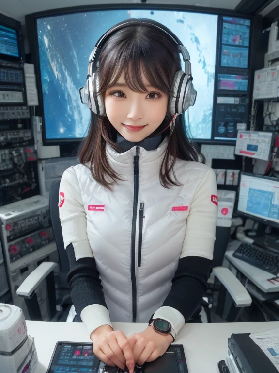 masterpiece, highest quality, Very detailed, 8K Portrait,Japanese Android Girl,plump , Control panel,Robotic arms and legs, Blunt bangs,,break (Metallic Gray, Metallic luster, Mirror finish, Astro Best):5,headphone:5,break (Black sleeves):100,Smart Watches,Futuristic space station,Control Room,break headphone,blue eyes,(Black Hair):2,(Long Hair):1.3,View the viewer,(respirator),break blush:3,Hidden Hand,smile