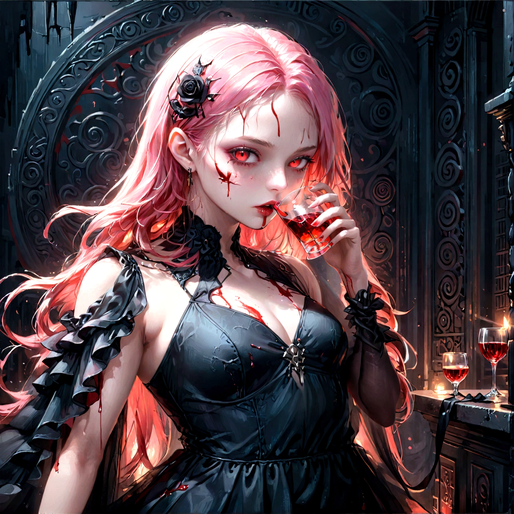 Arafed, dark fantasy art, glamour shot, award winning shot, photorealistic, a portrait of a female vampire drinking a glass of blood,, pink hair, long hair, red lips, glowing eyes, there is an imprint of white rose, dynamic color, she wears, an elegant (black dress: 1.5), blood dripping from lips, cyberpunk bar background, 16k, ultra detailed, masterpiece, best quality, (extremely detailed), Dark Art Painting Style, GlowingRunesAI_red