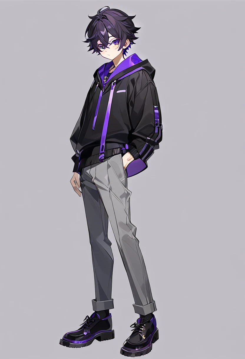 (1garoto genero masculino),(cabelo preto cacheado),(casaco escolar dar cor preta e com roxo),(Gray pants),(sapatos roxos)