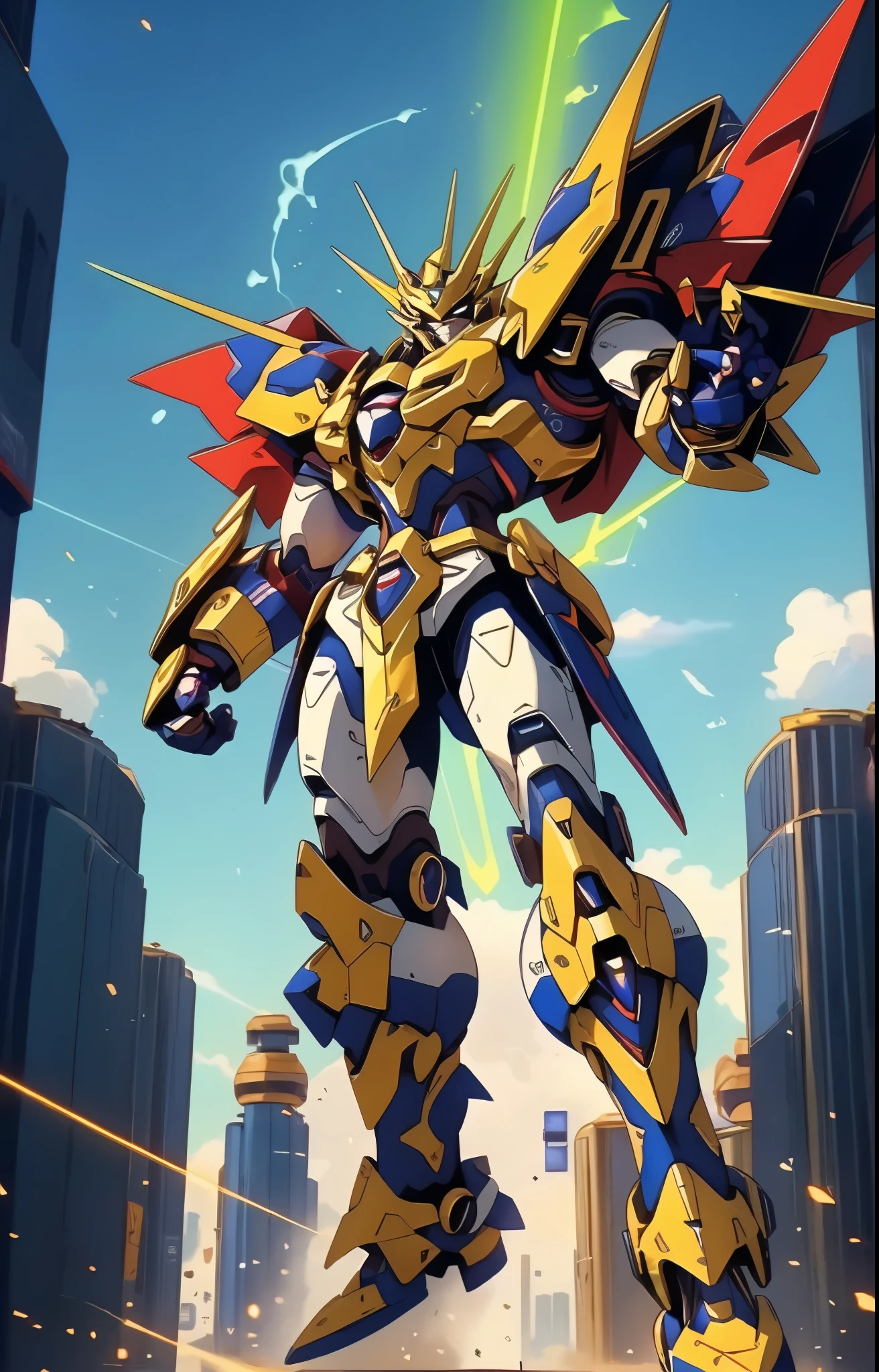 Humanoid Mecha, fully enclosed shoulder guards, matching arm and leg guards, full body, full armor, the design balances heavy with agility, (the color scheme is primarily white with red and blue accents, the concept Inspired by Super robot, organic biotech armor, standing, floating high above the futuristic sci-fi city), exquisite and mature art style, (aura effect, energy, glowing eyes, the armor glows), ((SRS)), metallic, dynamic, dramatic, high definition, best quality, highres, ultra-detailed, ultra-fine painting, extremely delicate, professional, perfect body proportions, anatomically correct, symmetrical face, extremely detailed eyes and face, high quality eyes, creativity, RAW photo, UHD, 32k, Natural light, cinematic lighting, masterpiece-anatomy-perfect, masterpiece:1.5