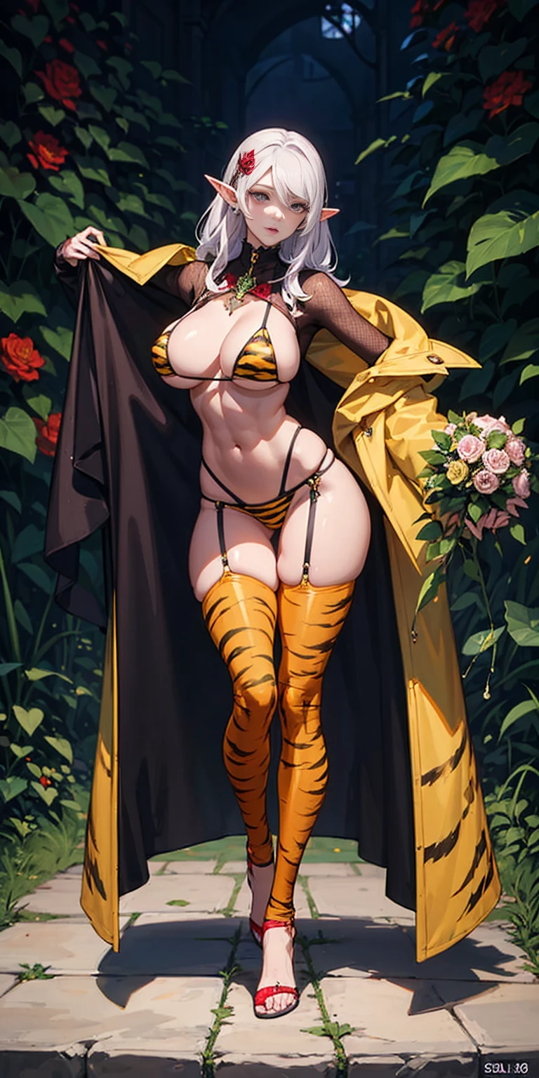 1SOLOfemale Drow elf purple skin, Full body, masterpiece, female standing pose (yellow tiger bikini) red cape, red bikini, long white hair, strong body, abs, shiny skin, sunglasses, FEMALE, big breasts, voluminous breasts, curvy breasts, mesh stockings, standing with a bouquet (red roses) full height, bottom view, best quality, very detailed, ultra 8k resolution, huge breast, coat , vest, long skirt, portrait, full body, Victoria's clothing, long dress, knight, pants, black skin suit, medieval city, plants, vest, polo shirt, forest, long skirt