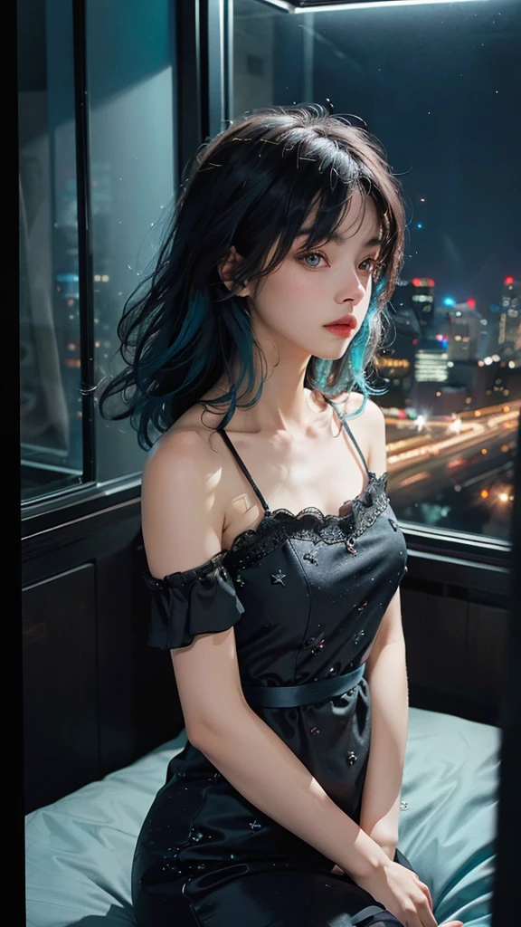 ((High quality, 8k, perfect quality, realistic)), beautiful, perfect face, gazing out the window, nighttime, ((dark room)), Before sleeping, restless, short nightgown, staring at the window, city night view, hair color black and cyan, night city, ((lights off)), facing the window 