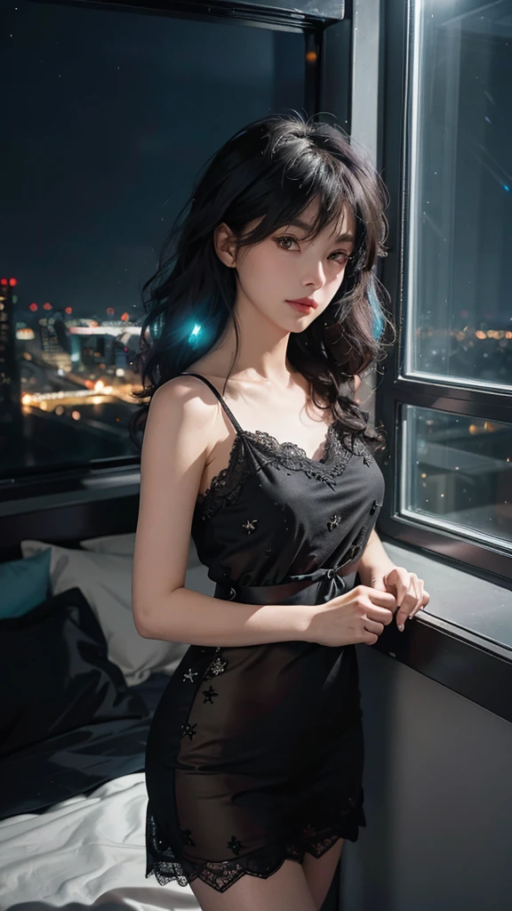 ((High quality, 8k, perfect quality, realistic)), beautiful, perfect face, gazing out the window, nighttime, ((dark room)), Before sleeping, restless, short nightgown, staring at the window, city night view, hair color black and cyan, night city, Cleavage, sexy