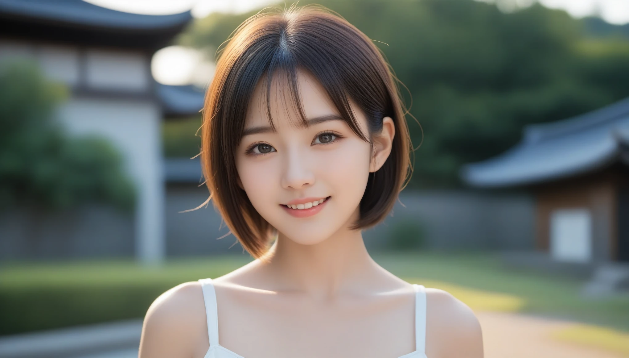 8k, Ultra-high resolution, highest quality, masterpiece, Rule of thirds photography,Surreal, photograph, 1 girl, (16 years old:1.3), cute女の子, cute顔, Beautiful eyes in every detail, 細かくdetailedに,masterpiece,, One Girl:1.2, Japan Female Announcer,((masterpiece, highest quality)), (highest quality,masterpiece:1.3,Ultra-high resolution),(Very detailed,Caustics,8k),(Realistic:1.4,RAW shooting),At dusk,sunset,Warm Light,Backlight,Backlight,Backlight,wonderful,Lens flare,street,16 years old,cute,Japanese,Short black hair,The best smile,big ,Stylish summer clothes,Low position,Low Angle,Blur the background,Natural light , (((whole body))),,Looking at the audience、beauty,Long neck、Laugh a little、Please close your mouth and laugh、(((Ideal body type))),A-cup small breasts :2,whole body、Perfect Anatomy、鮮明なdetailed、detailed、Surreal、Light and shadow,Strong light