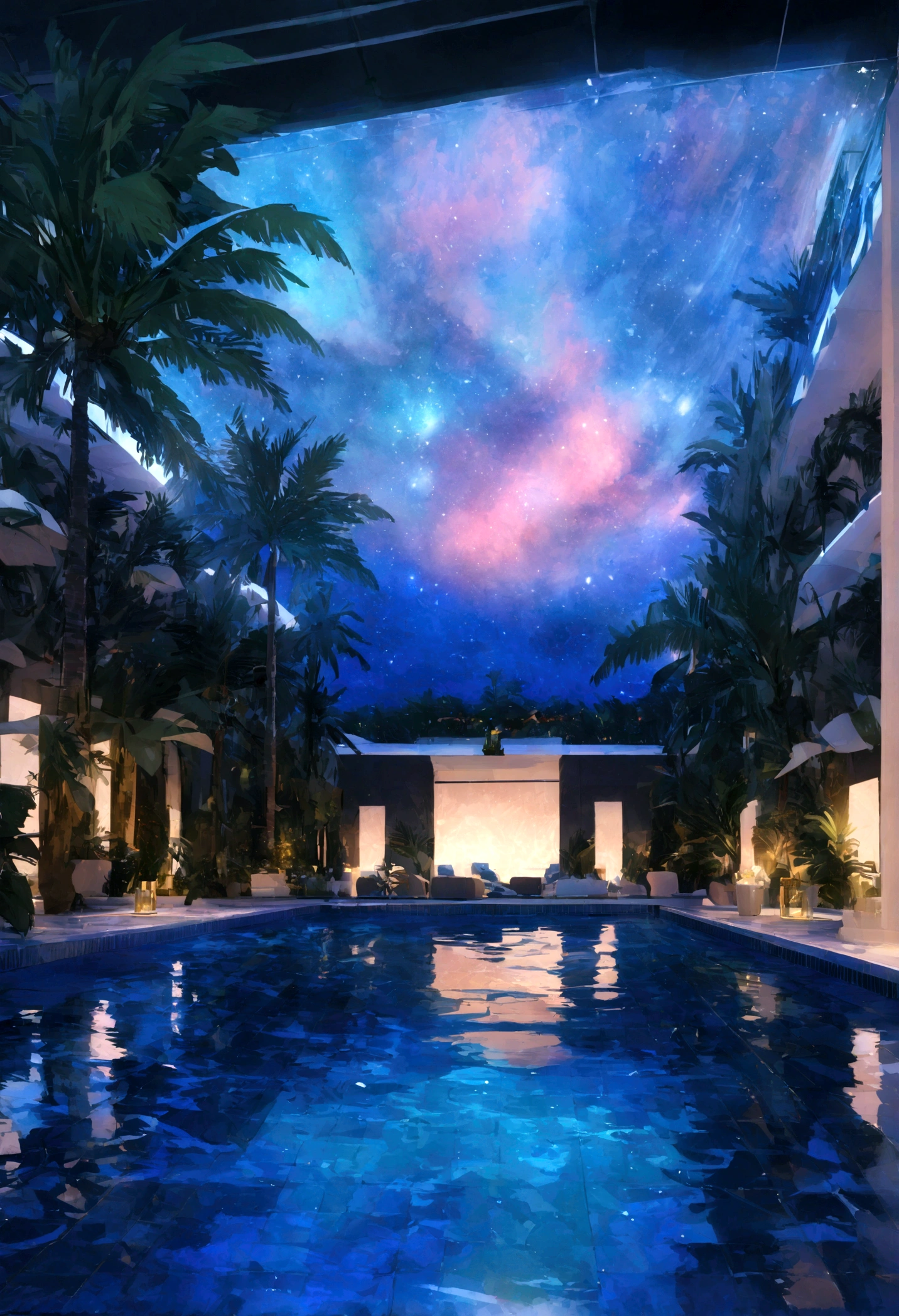 Cancun、The sea seen in the distance,(High-quality poolside flooring),Half the screen is the sea,4K,Ultra HD,Extravagant space,Ambient indirect lighting,Palm tree,rich,rich,VIP,VIP