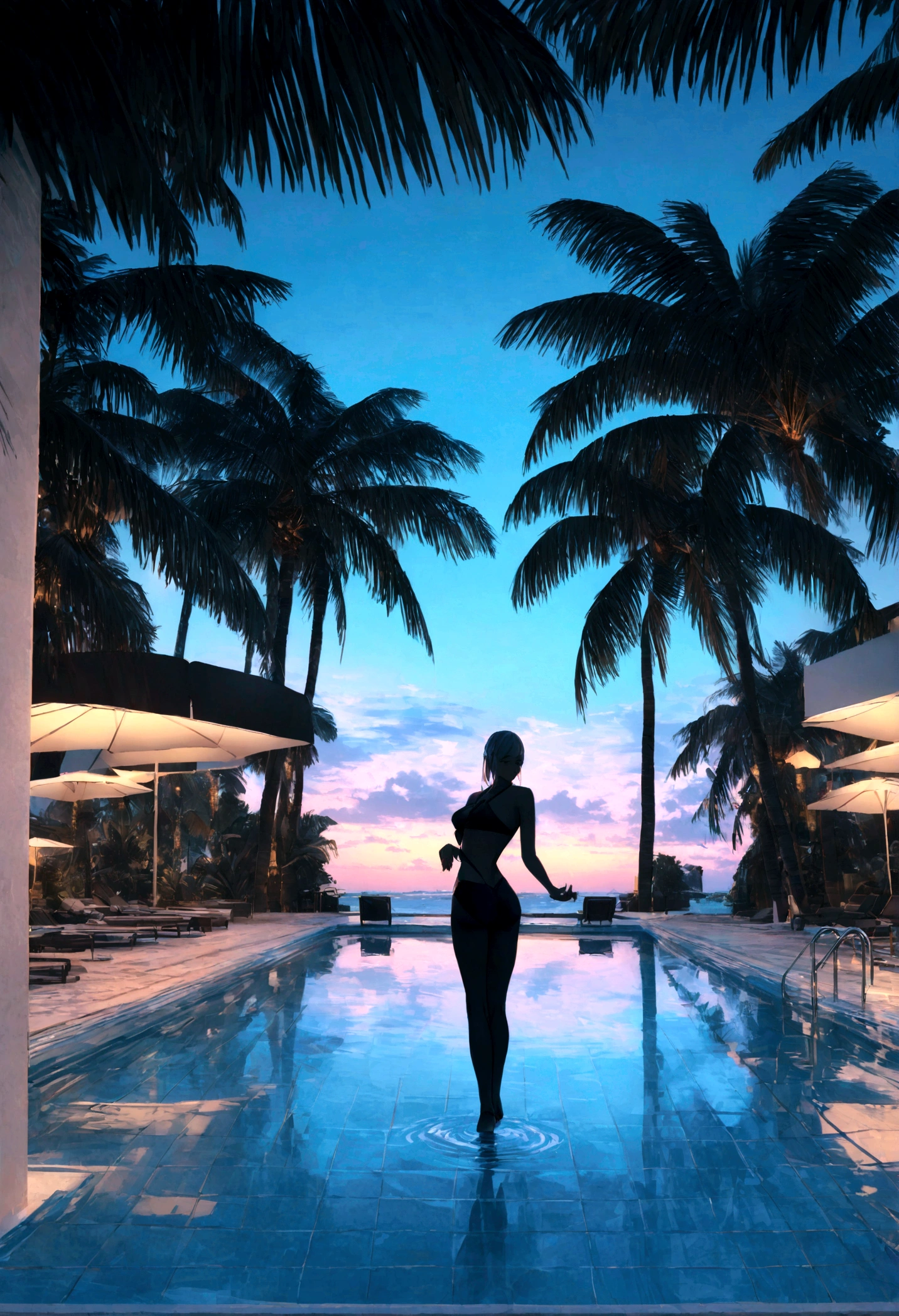 Cancun、The sea seen in the distance,(High-quality poolside flooring),Half the screen is the sea,4K,Ultra HD,Extravagant space,Ambient indirect lighting,Palm tree,rich,rich,VIP,VIP