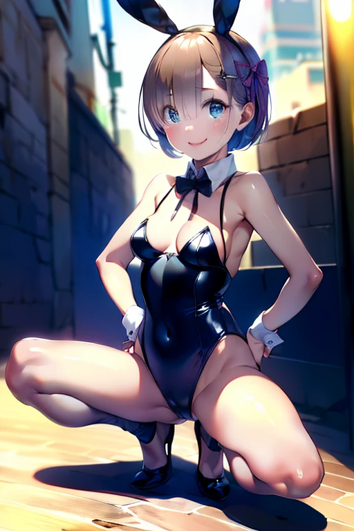 masterpiece, highest quality, High resolution, Rem, alone, Bunny ears, Playboy Bunny, Brown Hair, head band, Hair Ribbon, short hair, Moderate,, Hands on hips, squat, Leg spread, street, smile,