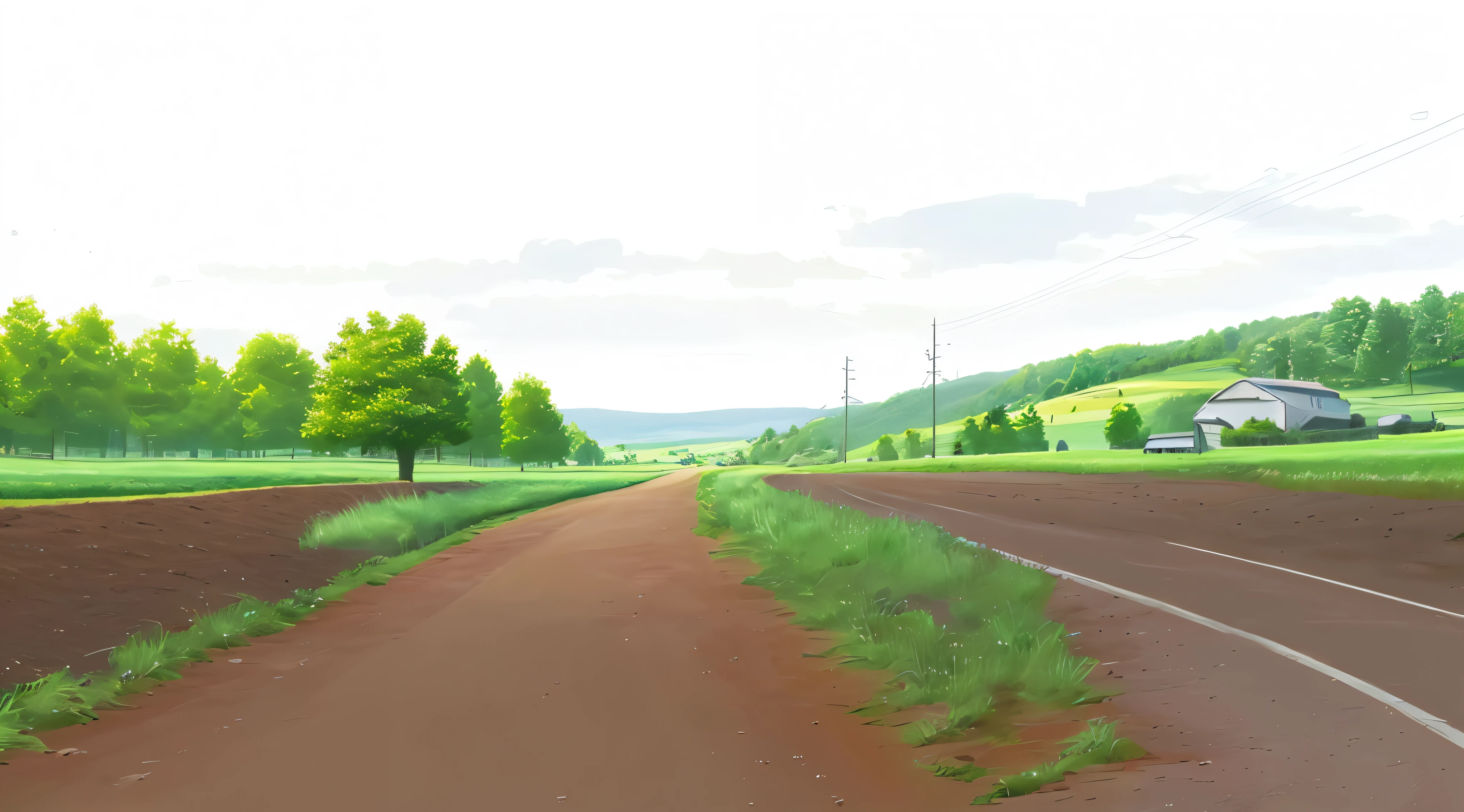 there  a drawing of a road with a tree in the middle, field background, lot of vegetation, without green grass, ground perspective, soil landscape, dirt road background, near forest, wide establishing shot, random background scene, ground perspective; detailed, roads among fields, ground very detailed, some trees in the background, farm land, romantic  path traced