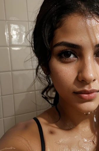 Arab woman in a bikini in a shower, close up, body, ((selfie)), camera angled down, camera down, black bikini, plain background 
