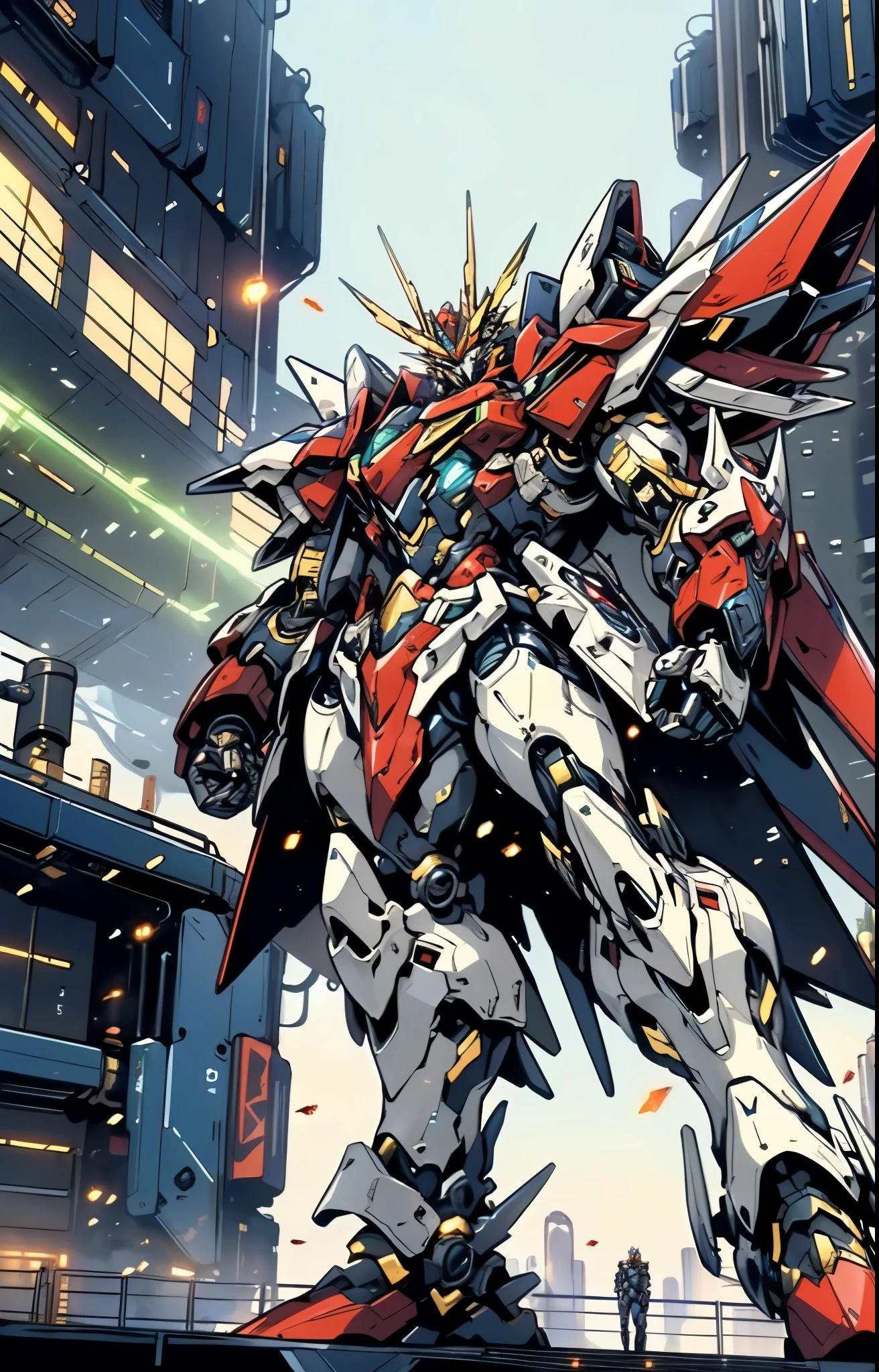 Humanoid Mecha, fully enclosed shoulder guards, matching arm and leg guards, full body, full armor, the design balances heavy with agility, (the color scheme is primarily white with red and blue accents, the concept Inspired by Super robot, organic biotech armor, standing, floating high above the futuristic sci-fi city), exquisite and mature art style, (aura effect, energy, glowing eyes, the armor glows), ((SRS)), metallic, dynamic, dramatic, high definition, best quality, highres, ultra-detailed, ultra-fine painting, extremely delicate, professional, perfect body proportions, anatomically correct, symmetrical face, extremely detailed eyes and face, high quality eyes, creativity, RAW photo, UHD, 32k, Natural light, cinematic lighting, masterpiece-anatomy-perfect, masterpiece:1.5