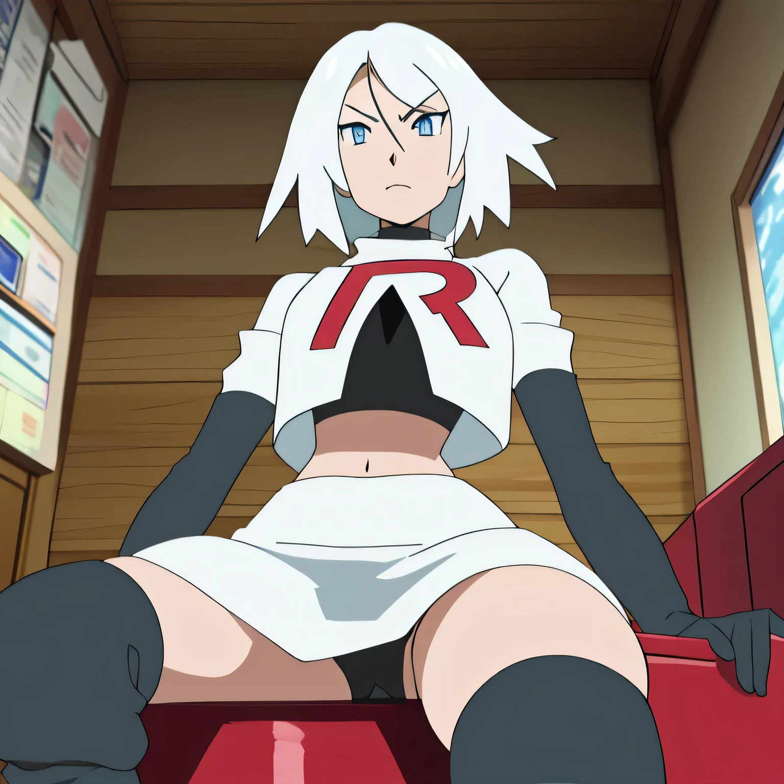 masterpiece,best quality,high res,high quality,8k, masterpiece,highres, team rocket uniform, red letter r, white skirt,white crop top,black thigh-high boots, black elbow gloves,evil villainess look, looking down at viewer, hands on hips, cowboy shot, zettai ryouiki,sitting on toilet.spread legs,from below, black panties,anime art style,detailed facial features, highly detailed, 8k, photorealistic, vibrant colors, dramatic lighting, cinematic composition,raine sage,white hair