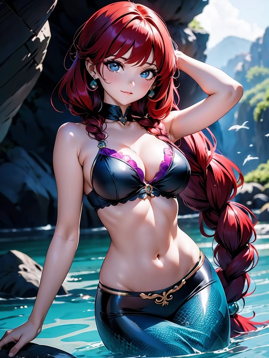 Garota anime ruiva, Mermaid mermaid girl with fish tail and purple bra, , corpo bonito, seios grandes, with hands behind head, running your hands through your hair, Garota sexy, red hair with braid , beautiful lighting, sombras suaves, olhos azuis, hair with braid, estilo anime, Ranma Chan, Autora Rumiko Takahashi, Baseado em obra de Rumiko Takahashi, Anime Ranma 1/ 2, decote sexy, quadril robusto, corpo inteiro, corpo inteiro, busto grande, garota mermaid jovem com corpo belo e bonito, garota 16 anosbaixa estatura, wearing purple bra, garota anime, estilo anime, mermaid calda de sereia, ao ar livre praia, corpo inteiro, corpo completo, gothic