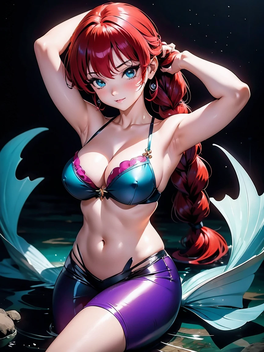 Garota anime ruiva, Mermaid mermaid girl with fish tail and purple bra, *******, corpo bonito, seios grandes, with hands behind head, running your hands through your hair, Garota sexy, red hair with braid , beautiful lighting, sombras suaves, olhos azuis, hair with braid, estilo anime, Ranma Chan, Autora Rumiko Takahashi, Baseado em obra de Rumiko Takahashi, Anime Ranma 1/ 2, decote sexy, quadril robusto, corpo inteiro, corpo inteiro, busto grande, garota mermaid jovem com corpo belo e bonito, garota ******* jovem baixa estatura, wearing purple bra, garota anime, estilo anime, mermaid calda de sereia, ao ar livre praia, corpo inteiro, corpo completo, gothic