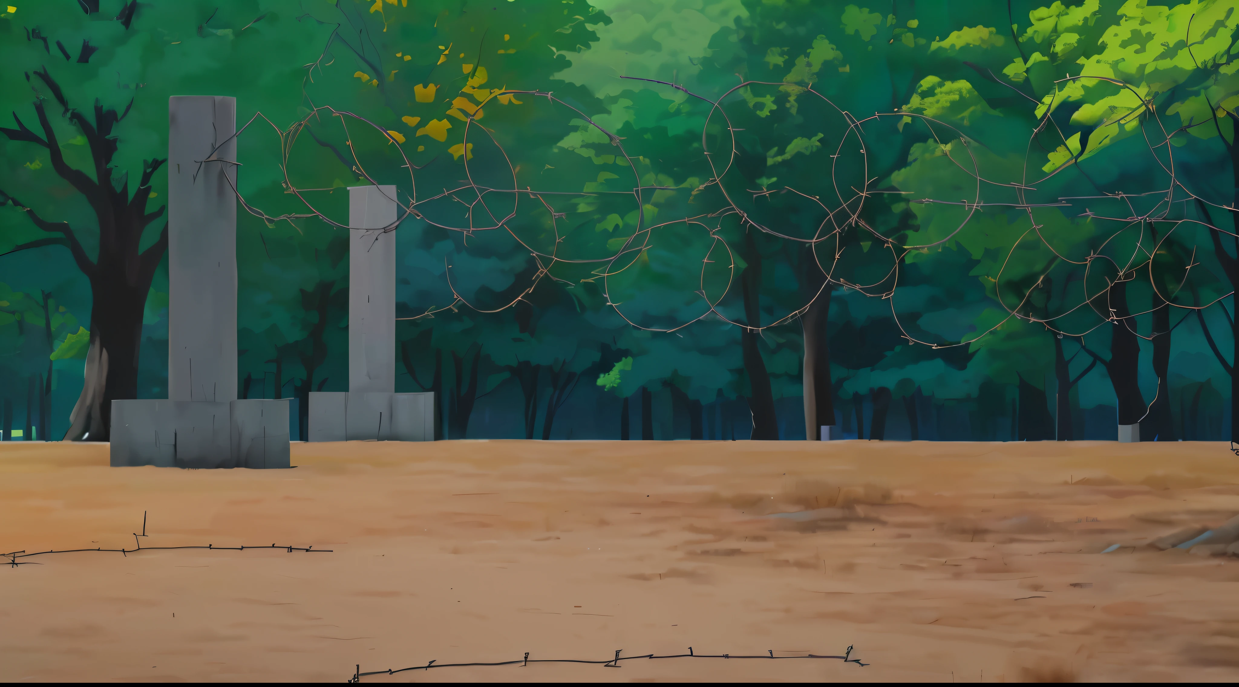 there is a picture of a fence with barbed wire on it, establishing shot, park background, random background scene, forest in background, dystopian gray forest background, background environment. 8 k, 2 d game art background, animation still, some trees in the background, forest in the background, background: battle scene, forest backdrop, 2d game background, anime, anime style, anime background, 4k anime, 4k anime background, 4k detailed,