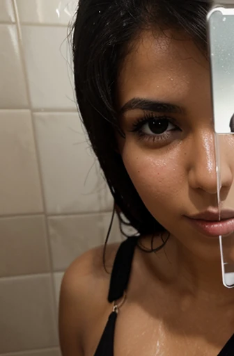 Arab woman in a bikini in a shower, close up of , body, ((selfie)), camera angled down, camera down, black bikini, plain background