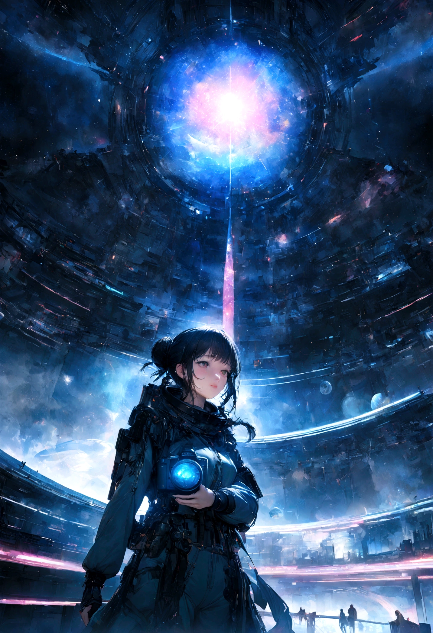 Create name "URANUS 2324" in a clear, vibrant font in a 3D metallic silver space style and Create a meticulously detailed, hyper-realistic, hyper-detailed illustration of: A female astronaut (Sarocha Chamkimha), of Asian Thai origin, with dark hair tied up in a bun, in his sky blue suit, standing on the bridge of his spaceship. contemplating through a panoramic window an impressive cosmic phenomenon: a swirling nebula of vibrant blues. Her expression is a mixture of nostalgia, sadness and love, illuminated by the soft and diffuse light of the nebula that projects subtle nuances on her face. The surrounding bridge is a combination of sleek, futuristic technology and steampunk-inspired design elements, with holographic displays and intricate control panels bustling with activity. In one of her hands she has a camera and her gaze is fixed on the swirling colors of the planet Uranus with its magnificent rings. Outside the observation deck, distant stars shine against the backdrop of space, adding to the sense of vastness and awe. The composition is rich in rhythm, contrasting the curves of the nebula with the geometric lines of the ship's interior. The use of color and dramatic lighting enhances the emotional depth of the scene, capturing both the action of commanding a spaceship and the emotional response to the beauty of the cosmos. This masterpiece invites viewers to contemplate the frontier of space exploration and the resilience of the human spirit in the face of the unknown.