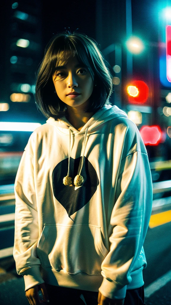 Masterpiece, (best quality:1.4), ultra high res, master photography, professional color grading, depth of fields, rule of third, 50mm, film grain, (photorealistic:1.4), cinematic lighting, chromatic abberation, 1girl, short hair, wearing grey hoodie, streetwear, hypebeast, detailed face, detailed eyes, flat chest, looking at viewer, front view, cowboy shot, Hong Kong street background, night, city light, blurry background, sfw