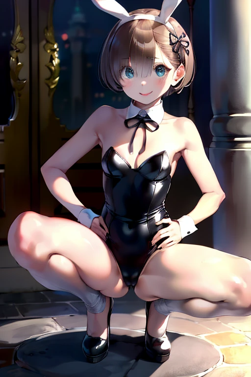 masterpiece, highest quality, High resolution, Rem, alone, Bunny ears, Playboy Bunny, Brown Hair, head band, Hair Ribbon, short hair, Moderate,, Hands on hips, squat, Leg spread, street, smile,