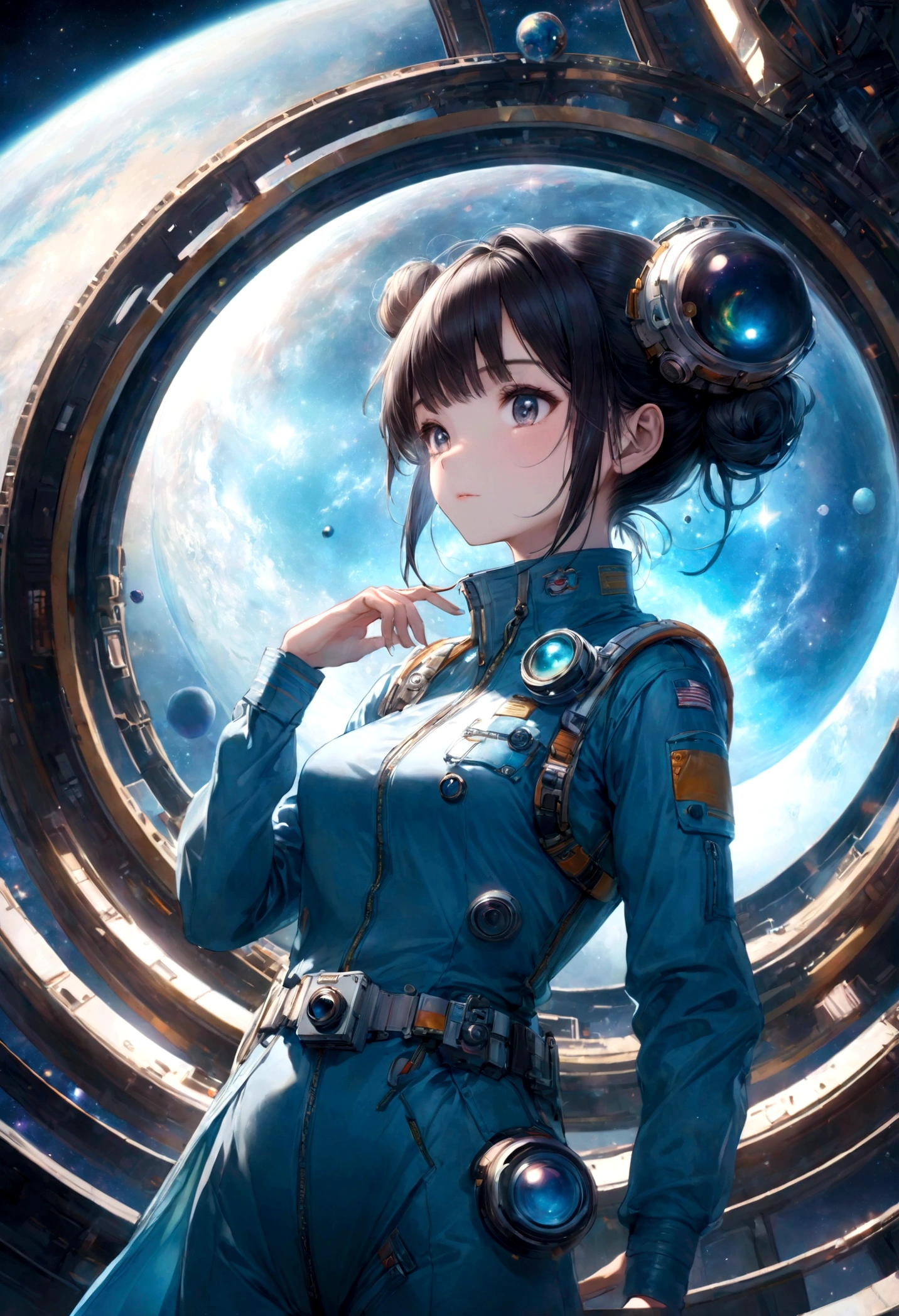 Create name "URANUS 2324" in a clear, vibrant font in a 3D metallic silver space style and Create a meticulously detailed, hyper-realistic, hyper-detailed illustration of: A female astronaut (Sarocha Chamkimha), of Asian Thai origin, with dark hair tied up in a bun, in his sky blue suit, standing on the bridge of his spaceship. contemplating through a panoramic window an impressive cosmic phenomenon: a swirling nebula of vibrant blues. Her expression is a mixture of nostalgia, sadness and love, illuminated by the soft and diffuse light of the nebula that projects subtle nuances on her face. The surrounding bridge is a combination of sleek, futuristic technology and steampunk-inspired design elements, with holographic displays and intricate control panels bustling with activity. In one of her hands she has a camera and her gaze is fixed on the swirling colors of the planet Uranus with its magnificent rings. Outside the observation deck, distant stars shine against the backdrop of space, adding to the sense of vastness and awe. The composition is rich in rhythm, contrasting the curves of the nebula with the geometric lines of the ship's interior. The use of color and dramatic lighting enhances the emotional depth of the scene, capturing both the action of commanding a spaceship and the emotional response to the beauty of the cosmos. This masterpiece invites viewers to contemplate the frontier of space exploration and the resilience of the human spirit in the face of the unknown.