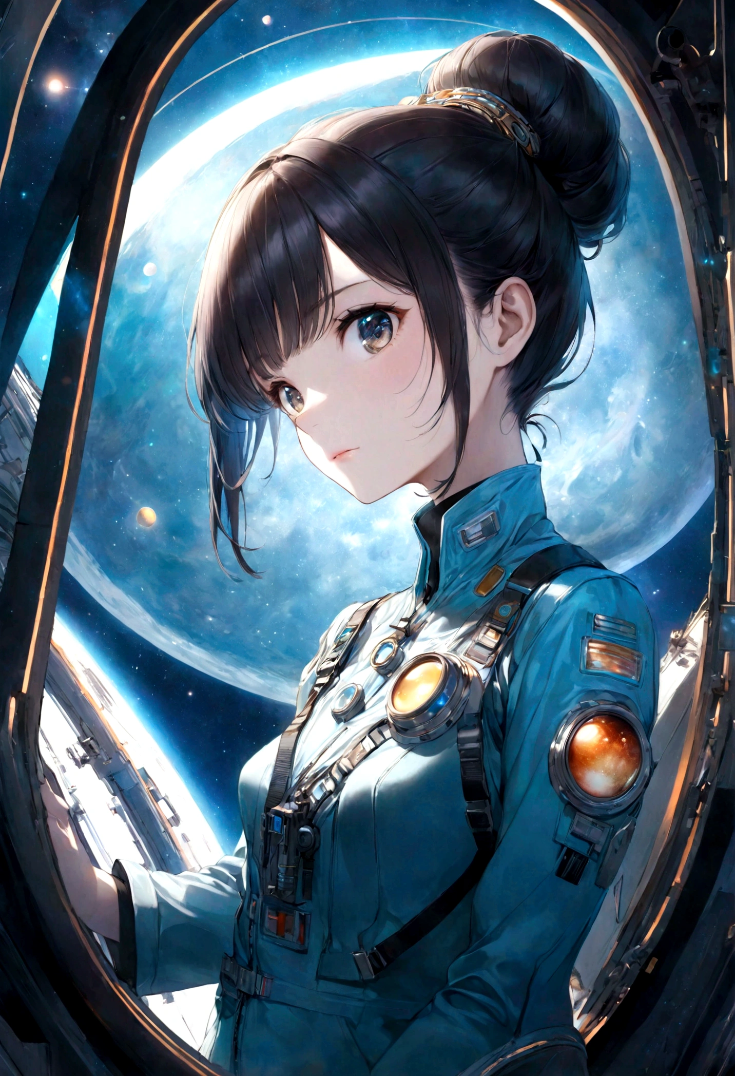 Create name "URANUS 2324" in a clear, vibrant font in a 3D metallic silver space style and Create a meticulously detailed, hyper-realistic, hyper-detailed illustration of: A female astronaut (Sarocha Chamkimha), of Asian Thai origin, with dark hair tied up in a bun, in his sky blue suit, standing on the bridge of his spaceship. contemplating through a panoramic window an impressive cosmic phenomenon: a swirling nebula of vibrant blues. Her expression is a mixture of nostalgia, sadness and love, illuminated by the soft and diffuse light of the nebula that projects subtle nuances on her face. The surrounding bridge is a combination of sleek, futuristic technology and steampunk-inspired design elements, with holographic displays and intricate control panels bustling with activity. In one of her hands she has a camera and her gaze is fixed on the swirling colors of the planet Uranus with its magnificent rings. Outside the observation deck, distant stars shine against the backdrop of space, adding to the sense of vastness and awe. The composition is rich in rhythm, contrasting the curves of the nebula with the geometric lines of the ship's interior. The use of color and dramatic lighting enhances the emotional depth of the scene, capturing both the action of commanding a spaceship and the emotional response to the beauty of the cosmos. This masterpiece invites viewers to contemplate the frontier of space exploration and the resilience of the human spirit in the face of the unknown.