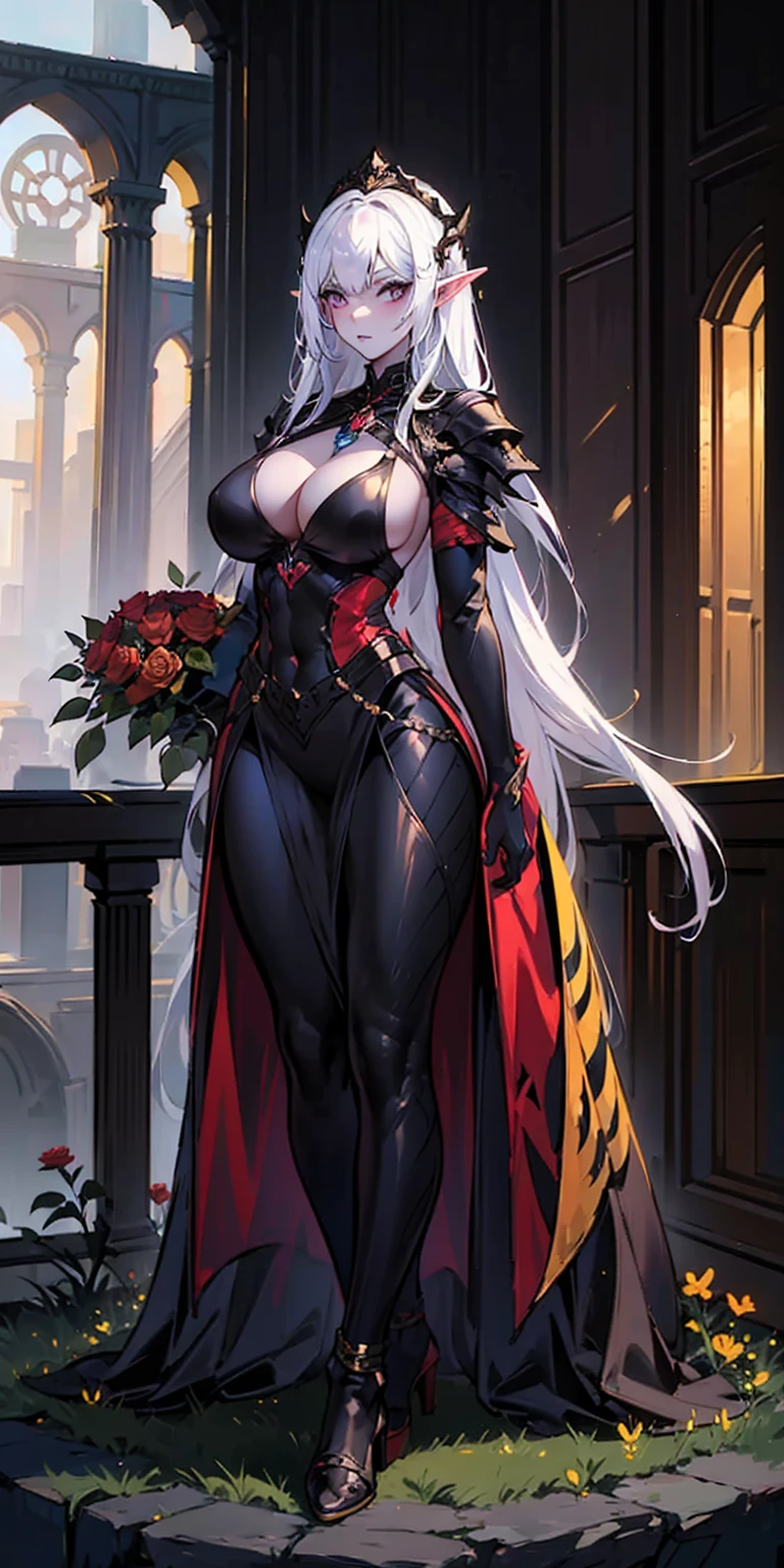 1SOLOfemale Drow elf purple skin, Full body, masterpiece, female standing pose (yellow tiger bikini) red cape, red bikini, long white hair, strong body, abs, shiny skin, sunglasses, FEMALE, big breasts, voluminous breasts, curvy breasts, mesh stockings, standing with a bouquet (red roses) full height, bottom view, best quality, very detailed, ultra 8k resolution, huge breast, coat , vest, long skirt, portrait, full body, Victoria's clothing, long dress, knight, pants, black skin suit, medieval city, plants, vest, polo shirt, forest, long skirt
