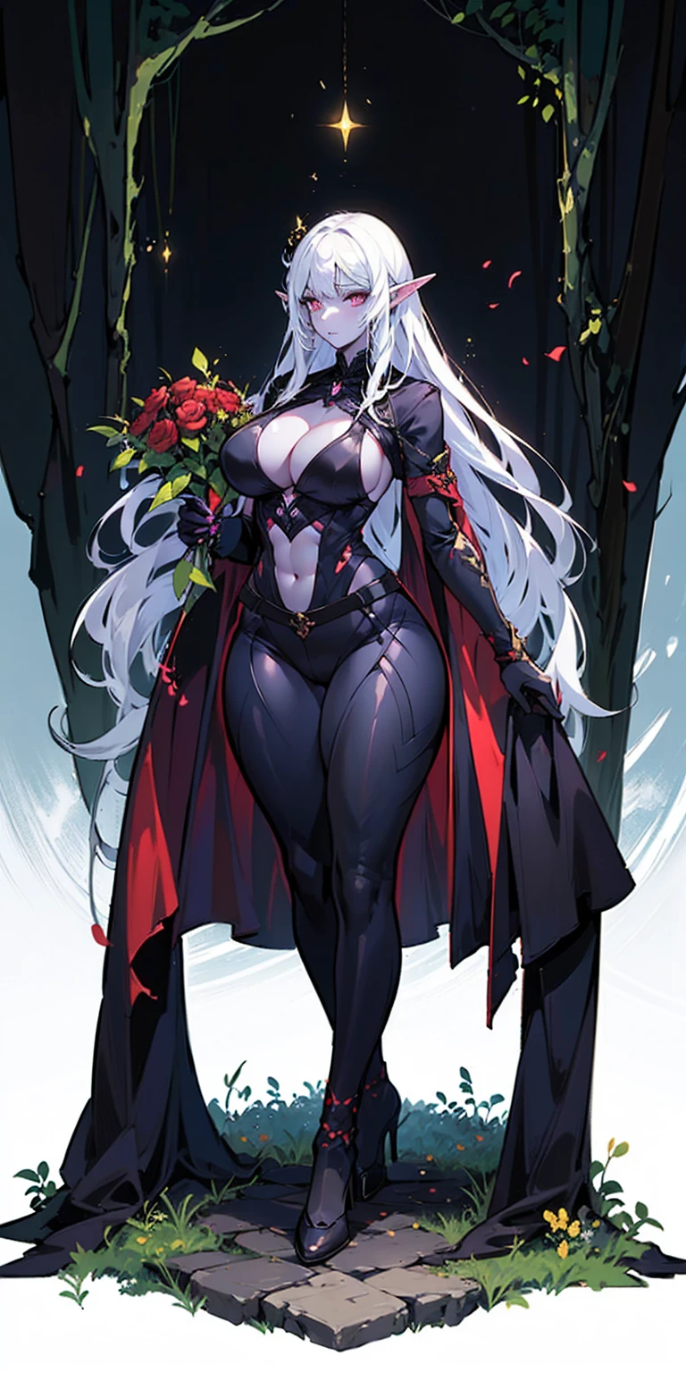 1SOLOfemale Drow elf purple skin, Full body, masterpiece, female standing pose (yellow tiger bikini) red cape, red bikini, long white hair, strong body, abs, shiny skin, sunglasses, FEMALE, big breasts, voluminous breasts, curvy breasts, mesh stockings, standing with a bouquet (red roses) full height, bottom view, best quality, very detailed, ultra 8k resolution, huge breast, coat , vest, long skirt, portrait, full body, Victoria's clothing, long dress, knight, pants, black skin suit, medieval city, plants, vest, polo shirt, forest, long skirt