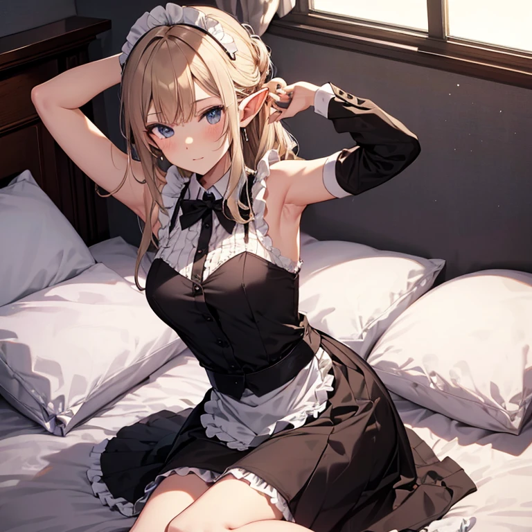 A maids, (in bedroom), various hair styles, night, details face, short skirt, seducing, sleeveless, maid uniform, armpits, elf, on bed