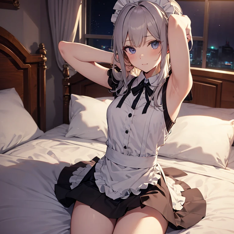 A maids, (in bedroom), various hair styles, night, details face, short skirt, seducing, sleeveless, maid uniform, armpits, elf, on bed