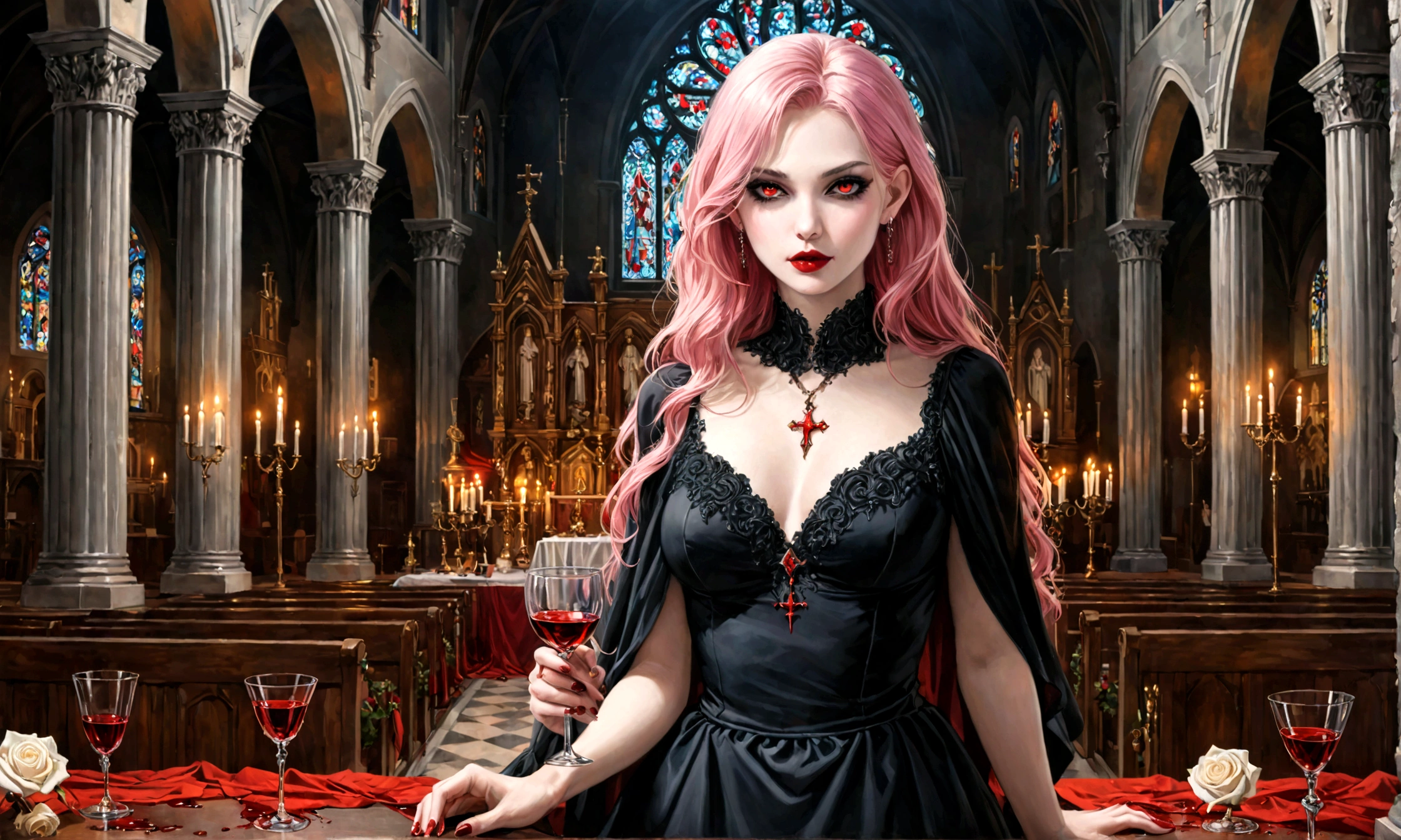 Arafed, dark fantasy art, glamour shot, award winning shot, photorealistic, a portrait of a female vampire drinking a glass of blood,, pink hair, long hair, red lips, glowing eyes, there is an imprint of white rose, dynamic color, she wears, an elegant (black dress: 1.5), blood dripping from lips, catholic church and altar background, bar background, 16k, ultra detailed, masterpiece, best quality, (extremely detailed), Dark Art Painting Style